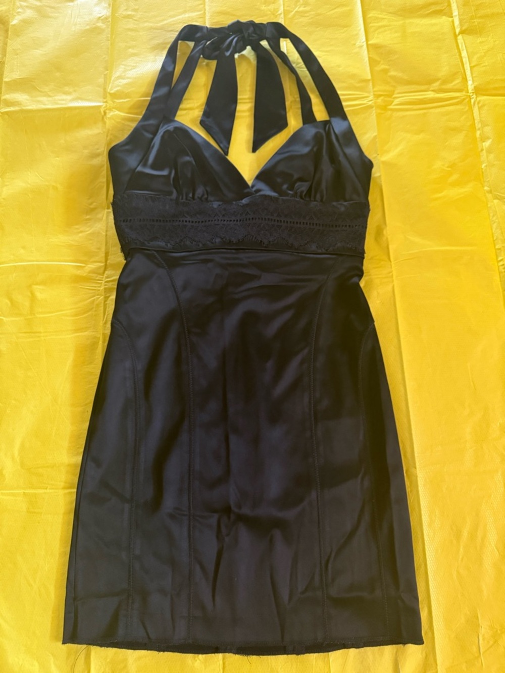 bebe Black Satin Halter Mini with Lace Band